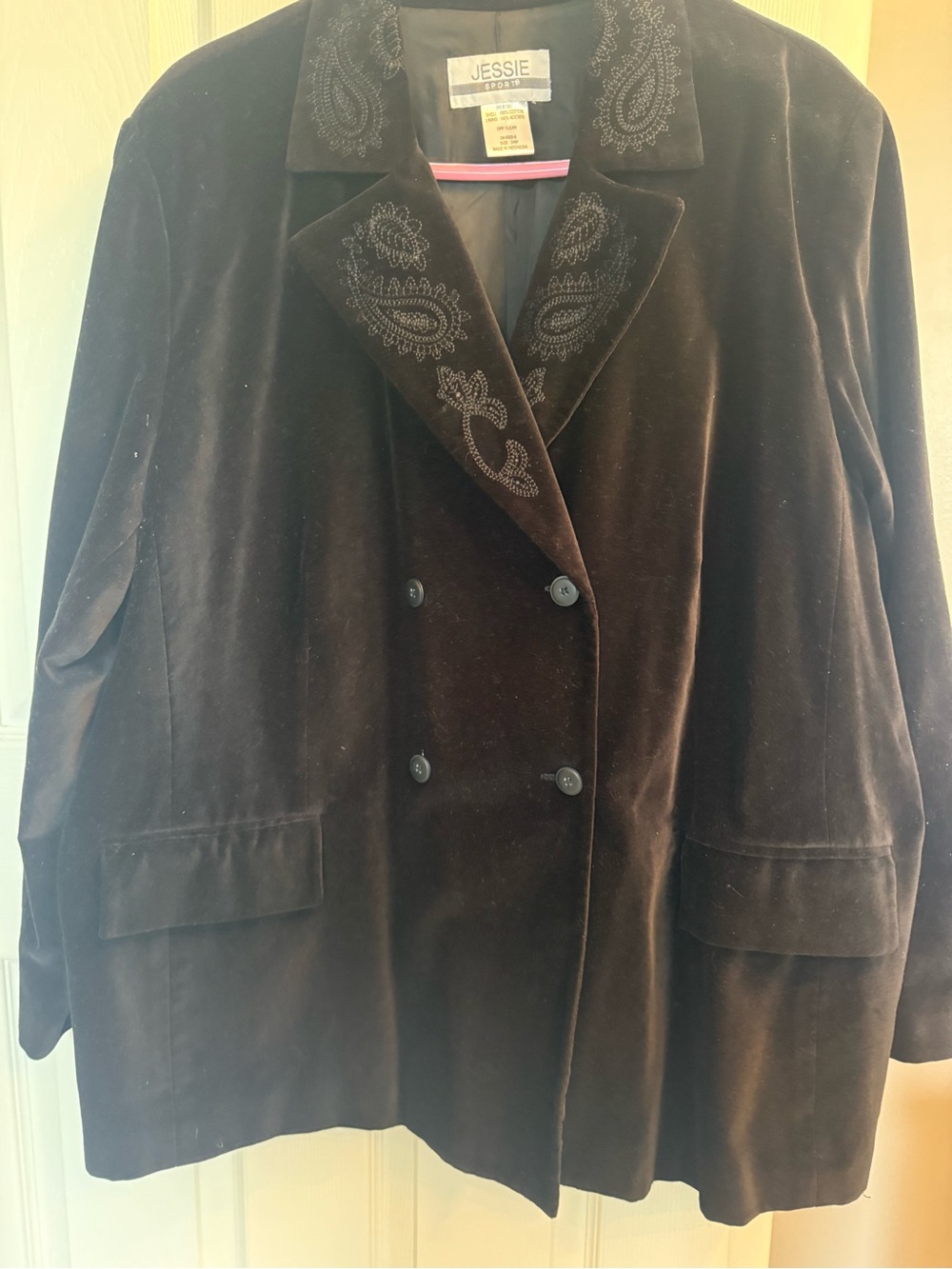 Velvet Double-Breasted Black Blazer with Embroidered Paisley Collar